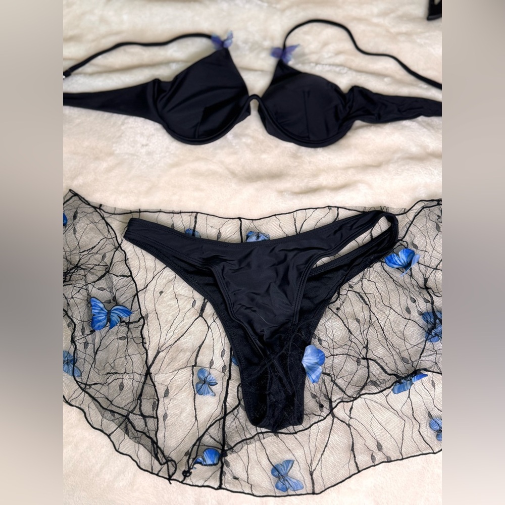 Black Swimwear Set with Blue Butterfly Accents